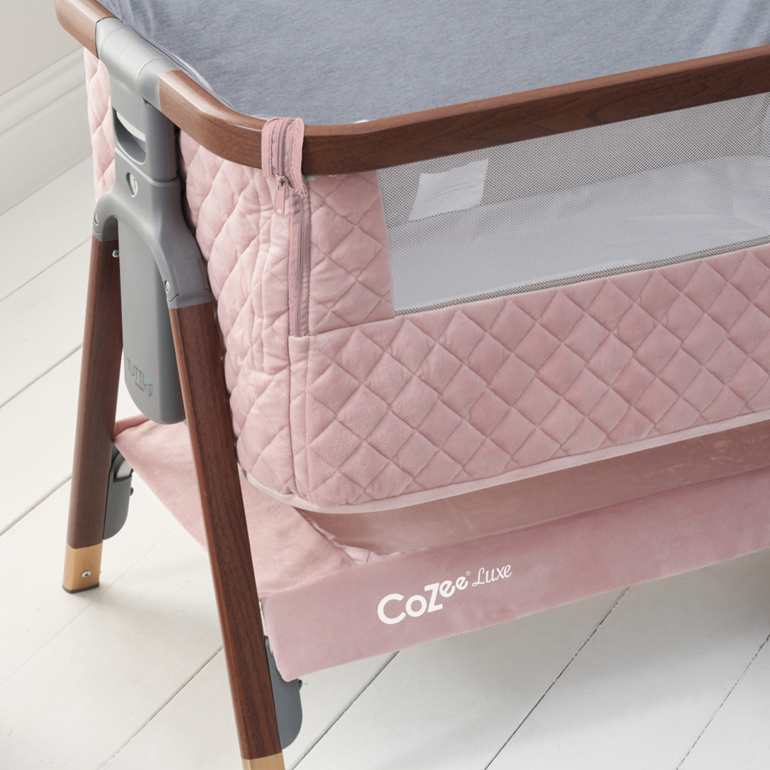 CoZee Luxe Bedside Crib Walnut Blush Hero 2 CoZee Luxe Bedside Crib Walnut Blush Hero 2