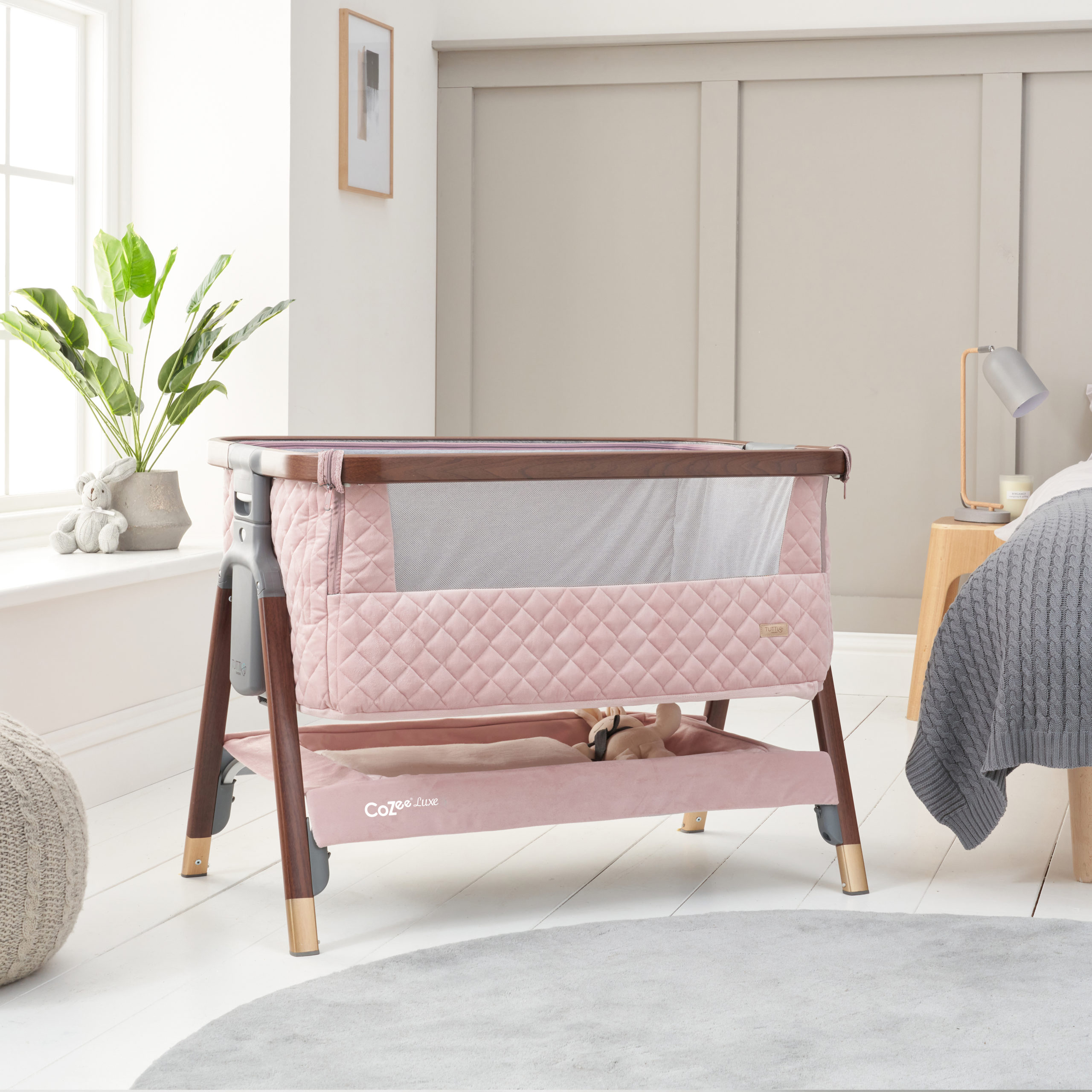 CoZee Luxe Bedside Crib Walnut Blush Hero CoZee Luxe Bedside Crib Walnut Blush Hero