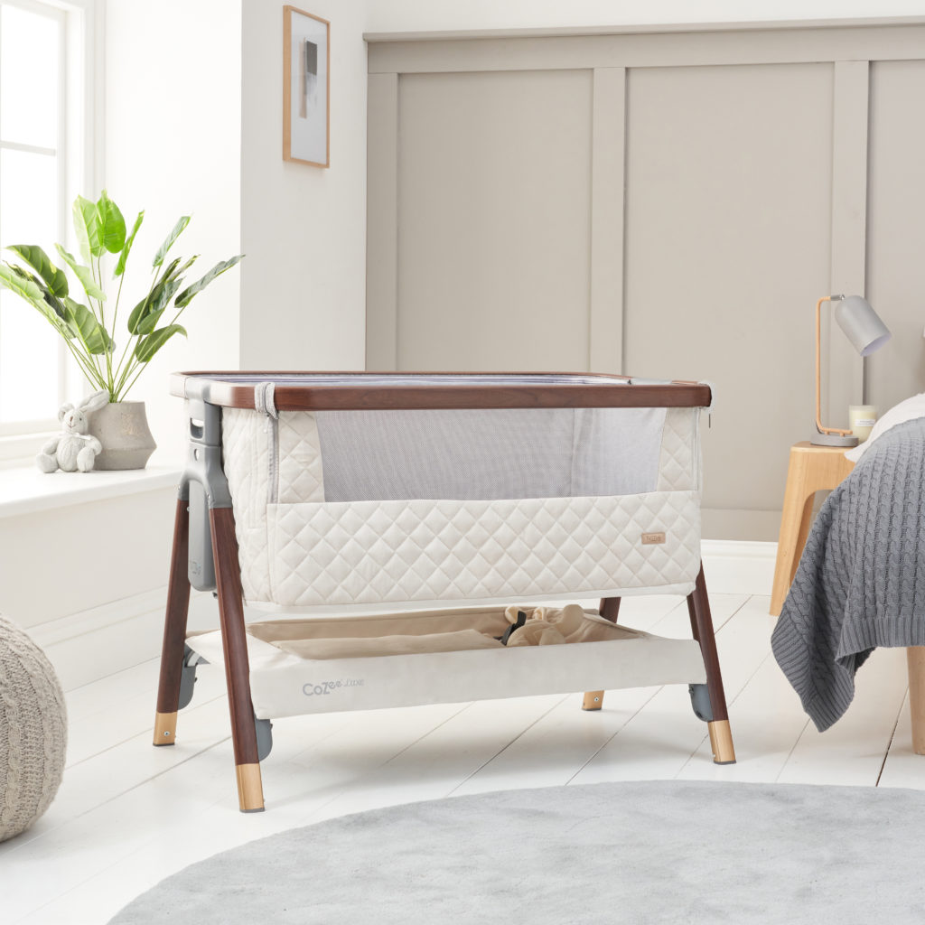 CoZee Luxe Bedside Crib Walnut Cream Hero CoZee Luxe Bedside Crib Walnut Cream Hero