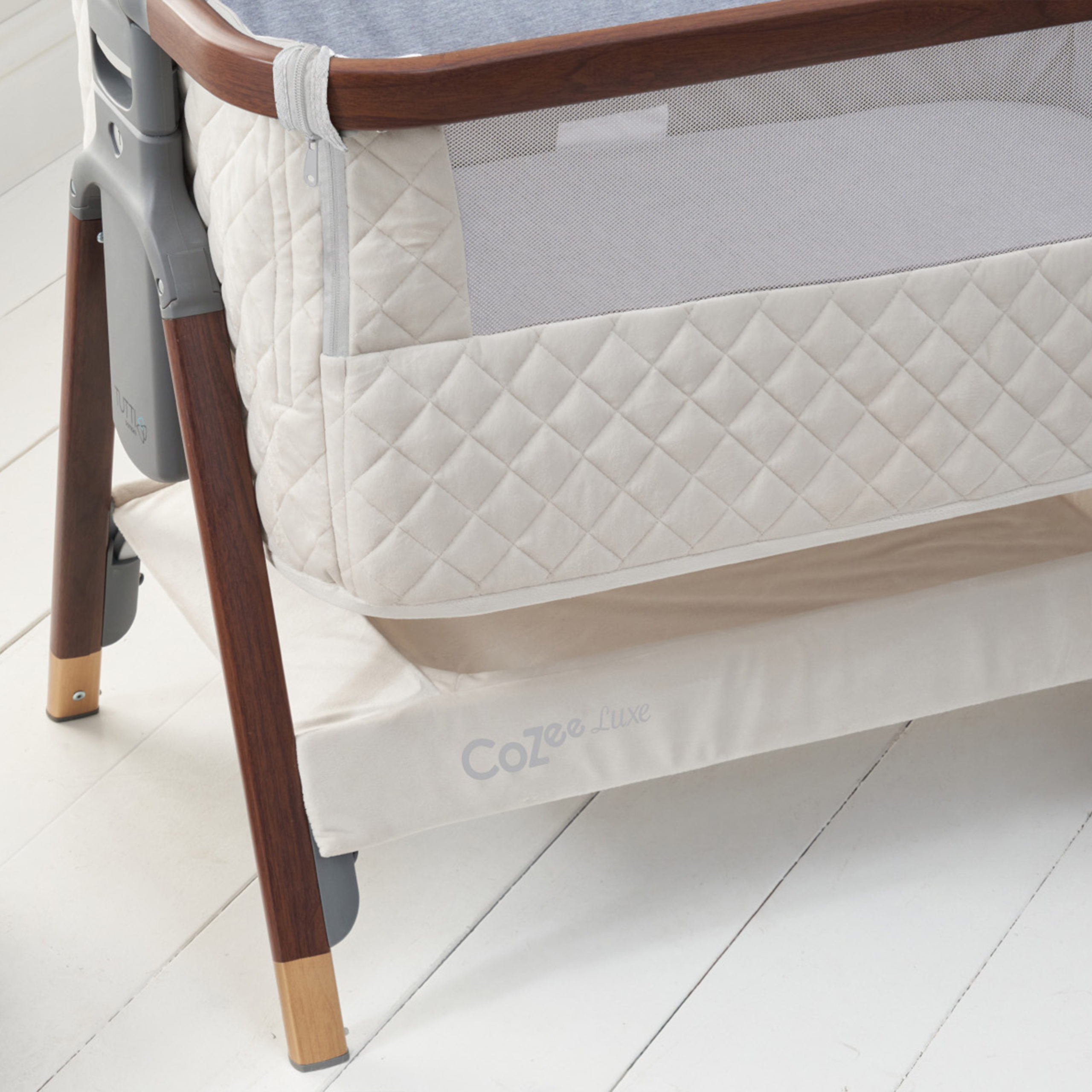 CoZee Luxe Bedside Crib Walnut Cream Hero 2 CoZee Luxe Bedside Crib Walnut Cream Hero 2