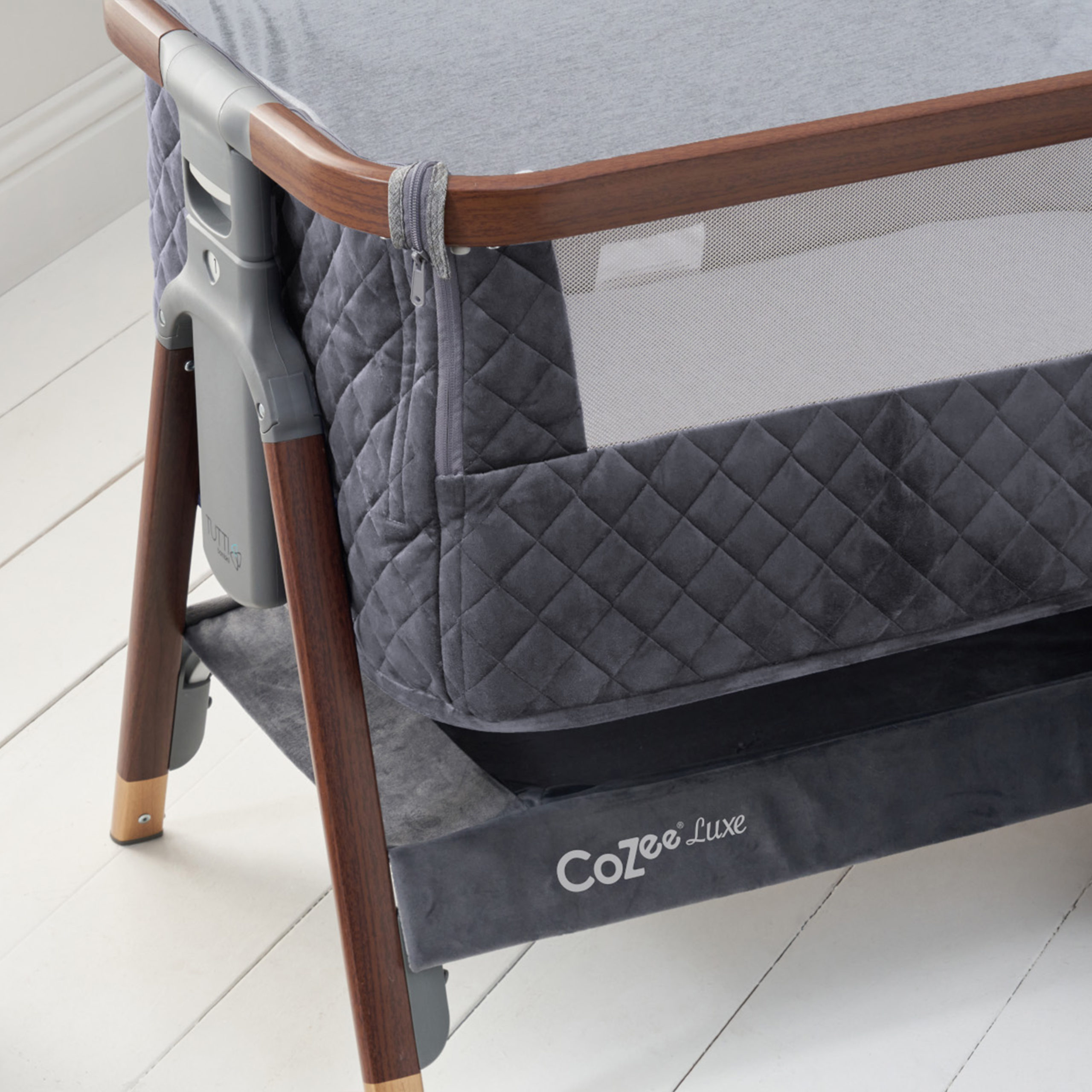 CoZee Luxe Bedside Crib Walnut Slate Hero 4 CoZee Luxe Bedside Crib Walnut Slate Hero 4