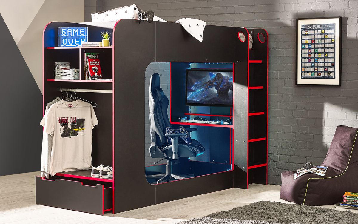 impact gaming bunk black red with gaming chair roomset
